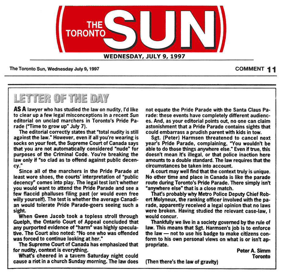 Toronto Sun letter of the day re the rule of law 1997-07-22